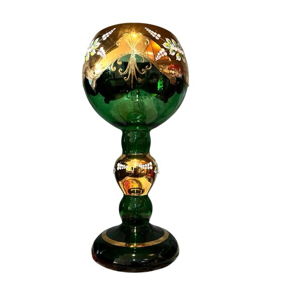 Bohemia Czech Emerald Green Chalice Art Glass Goblet Gold Textured Paint Flowers - Picture 2 of 5